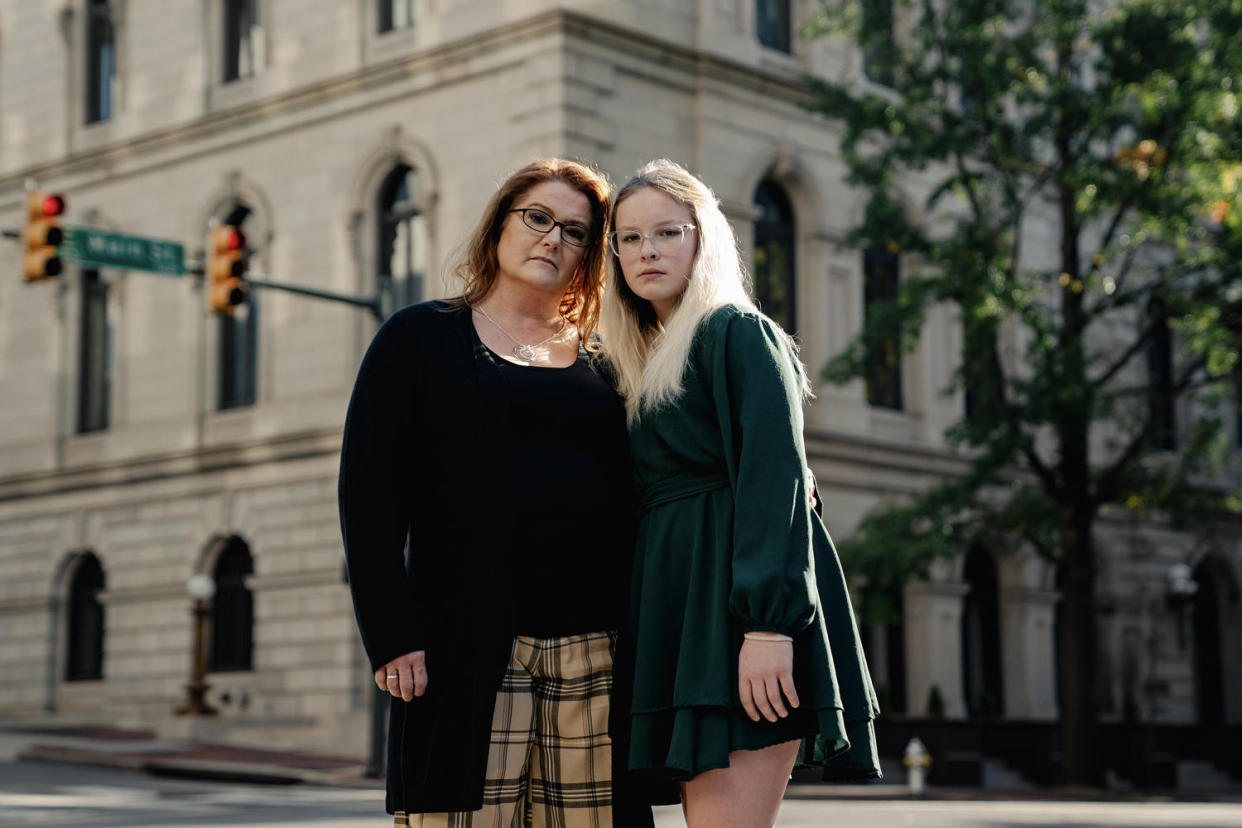 Becky Pepper-Jackson, 13, a transgender teen at the center of a legal battle over transgender participation in West Virginia sports and her mother Heather Jackson after a hearing in Richmond, Va. on Oct. 27, 2023. (Shuran Huang for NBC News)