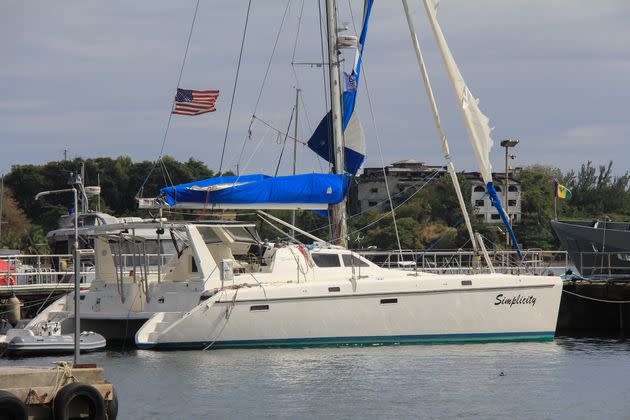 Ralph Hendry and Kathleen Brandel's catamaran is seen docked in St. Vincent and the Grenadines on Feb. 23.