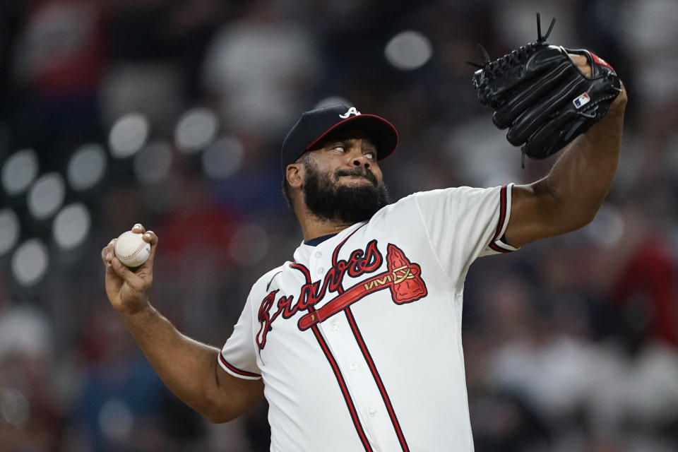 Atlanta Braves relief pitcher Kenley Jansen works the ninth inning of the team's baseball game against the Oakland Athletics on Tuesday, June 7, 2022, in Atlanta. Jansen earned the save as the Braves won 3-2. (AP Photo/John Bazemore)