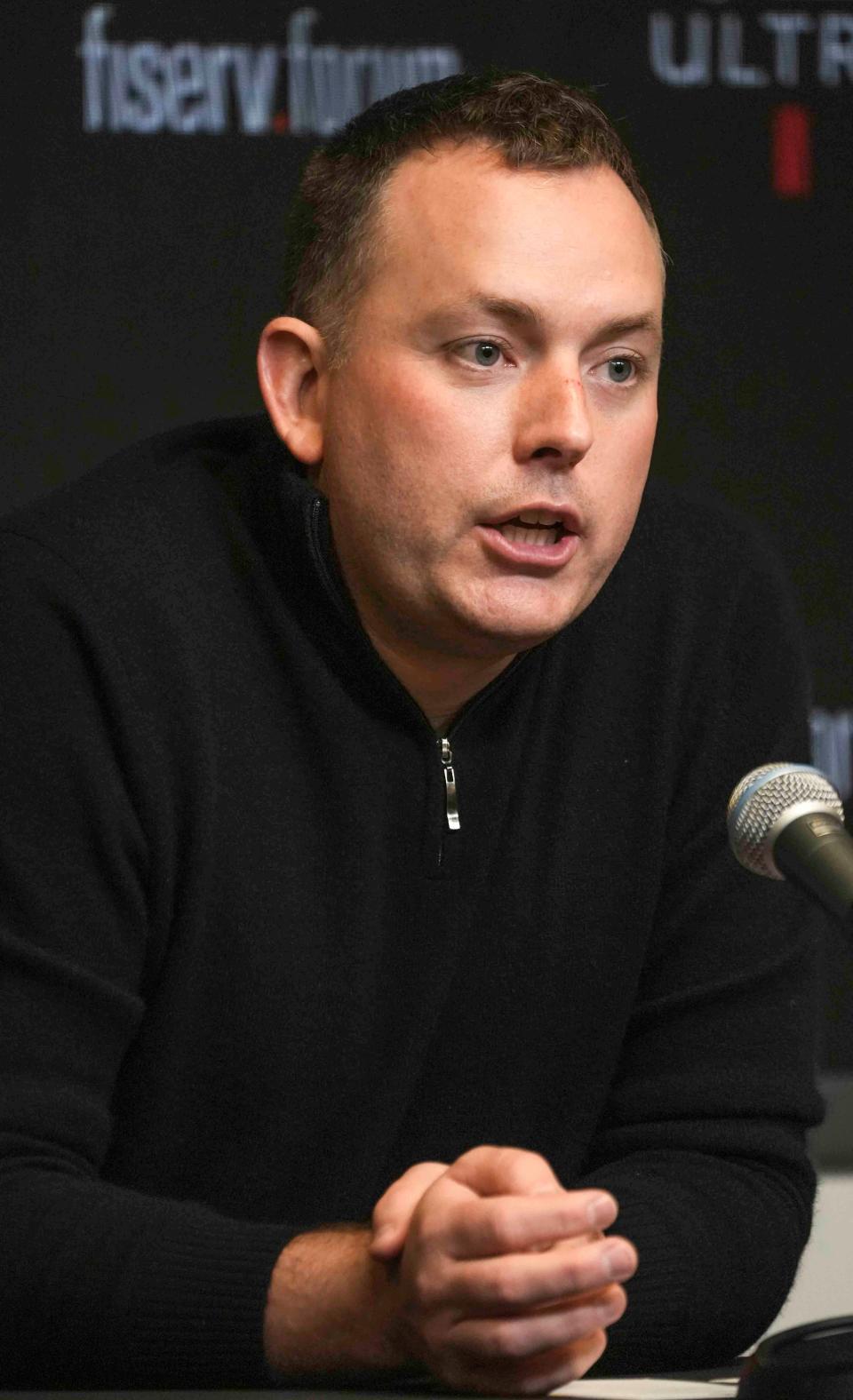 Milwaukee Bucks General Manager Jon Horst speaks during the press conference dismissing
Adrian Griffin as the Bucks head coach Wednesday, Jan. 24, 2024, inside of the Jim Paschke Interview Room at Fiserv Forum.