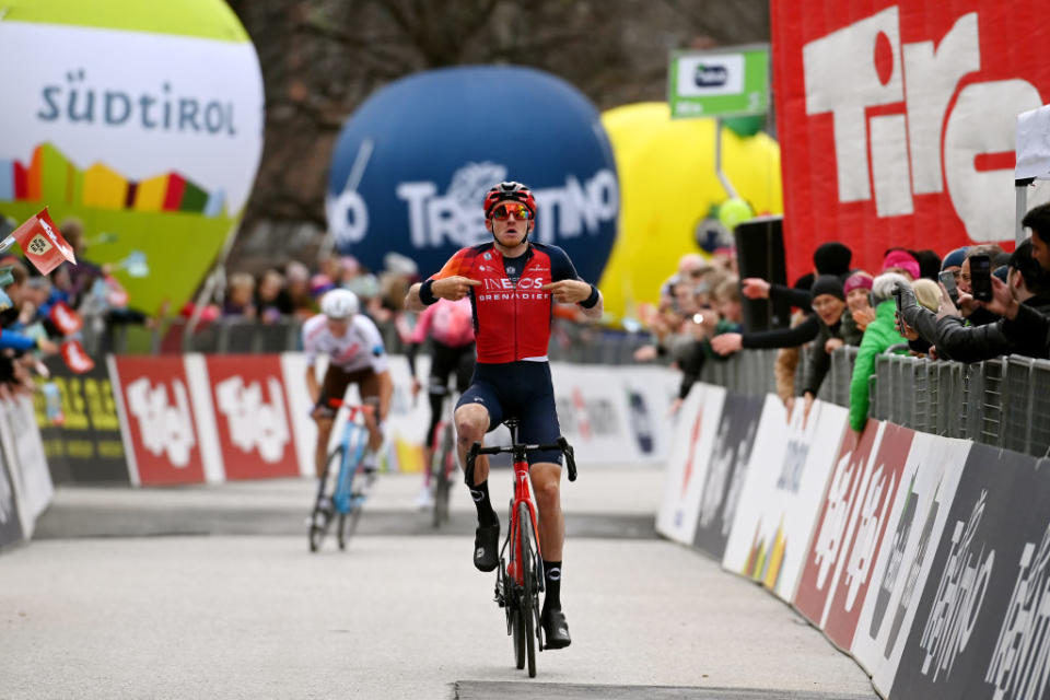 ALPBACH AUSTRIA  APRIL 17 Tao Geoghegan Hart of United Kingdom and Team INEOS Grenadiers celebrates at finish line as stage winner during the 46th Tour of the Alps 2023 Stage 1 a 1275km stage from Rattenberg to Alpbach 984m on April 17 2023 in Alpbach Austria Photo by Tim de WaeleGetty Images