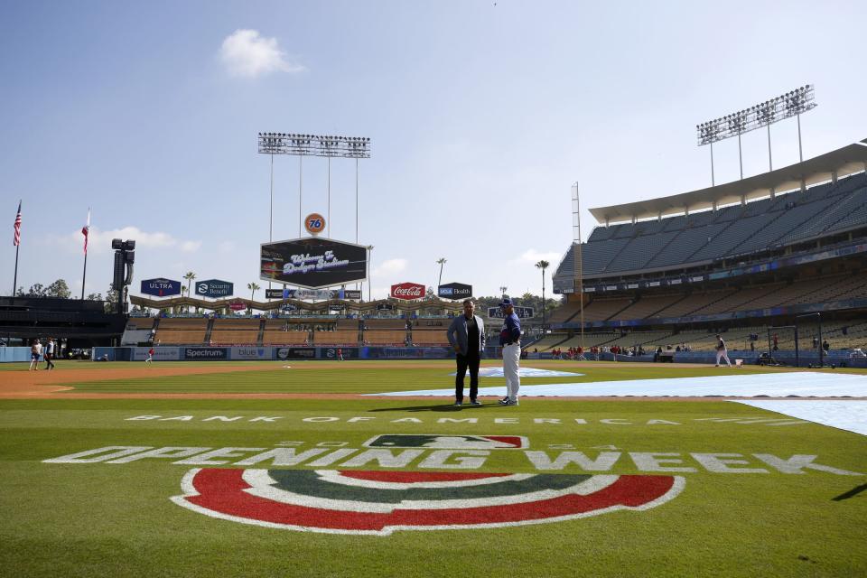 Mar 28, 2024; Los Angeles, California, USA; Los Angeles Dodgers manager Dave Roberts before the opening day game against the St. Louis Cardinals at Dodger Stadium. Mandatory Credit: Jason Parkhurst-USA TODAY Sports