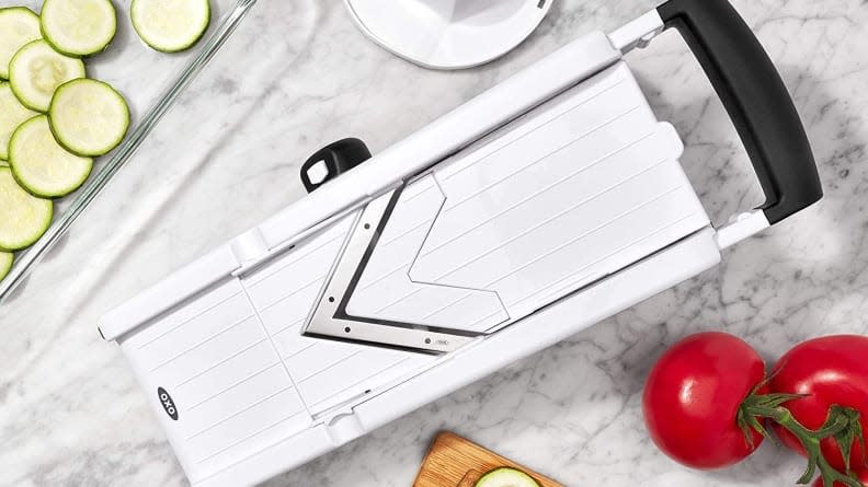 A mandoline slicer will give you precise, even cuts.