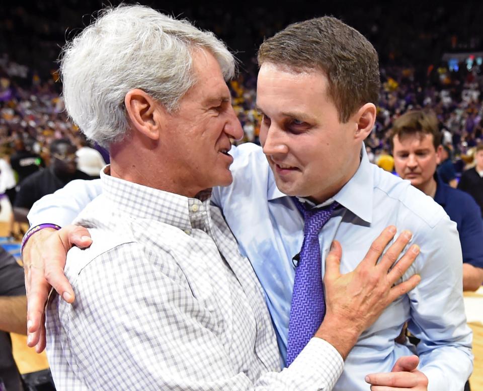 LSU Athletic Director Joe Alleva, left, and suspended coach Will Wade during happier times. (AP)