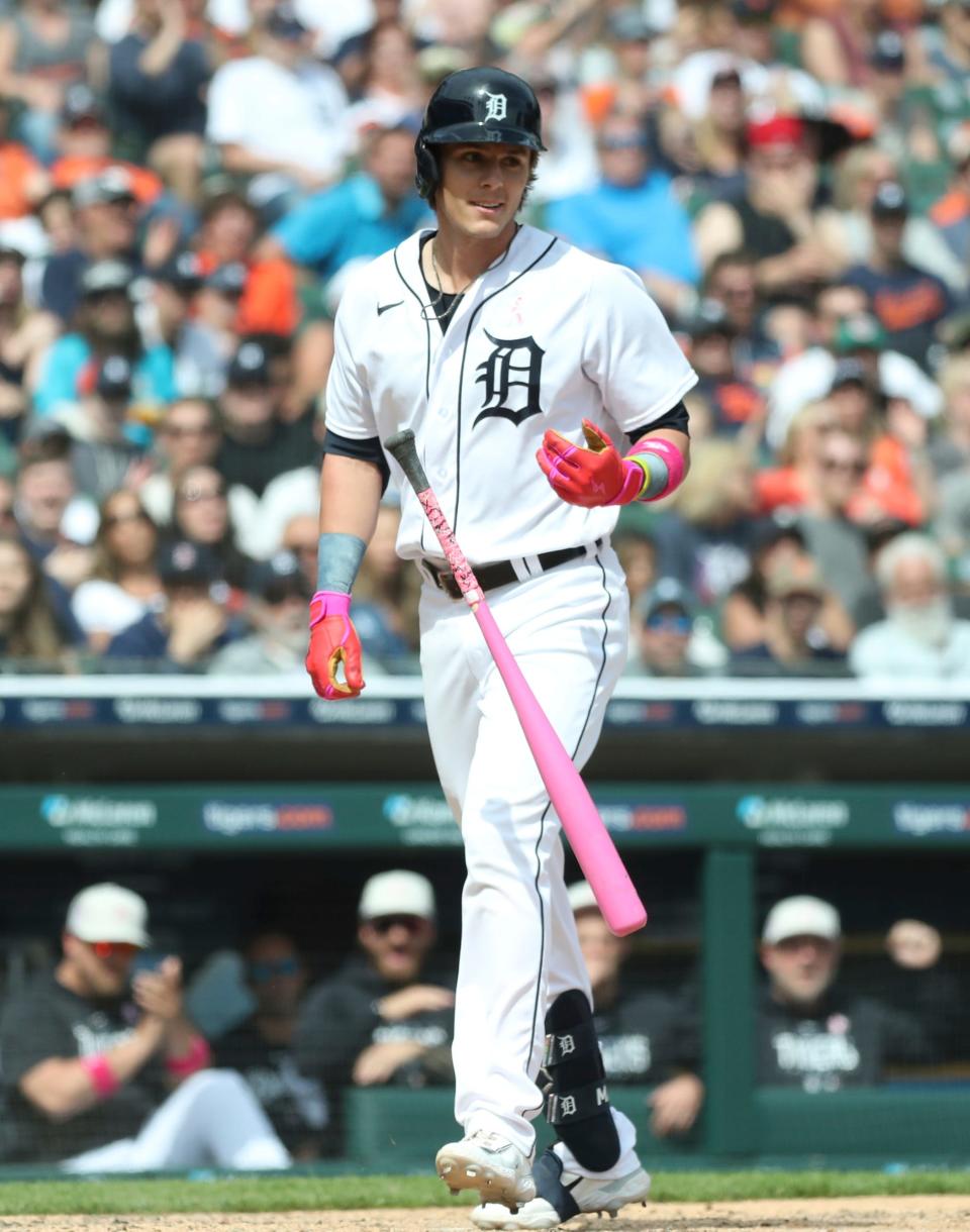 Detroit Tigers DH Nick Maton (9) is hit by Seattle Mariners relief pitcher Matt Brash (not pictured) during seventh-inning action at Comerica Park in Detroit on Sunday, May 14, 2023.