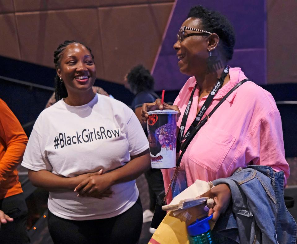 Shawntay Alexander, executive director of the OKC Black Alumni Coalition, left, and OKC Councilwoman Nikki Nice chat after the screenings of the short documentaries "Water is a Different Ballgame" and "Steps" at the Harkins Theater during the opening day of the deadCenter Film Festival in Oklahoma City, Thursday, June 8, 2023.