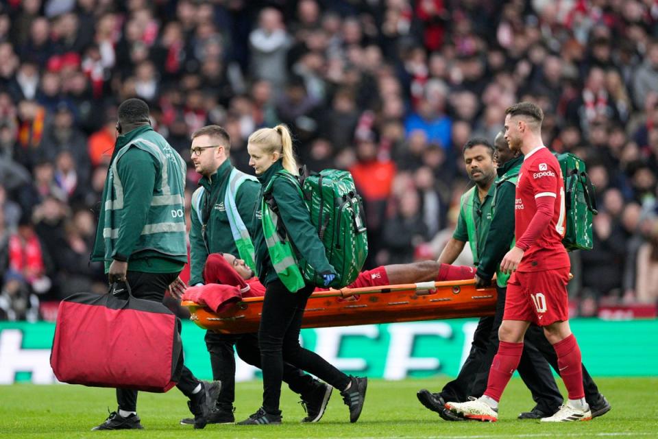 Gravenberch was carried off the Wembley turf on a stretcher (AP)