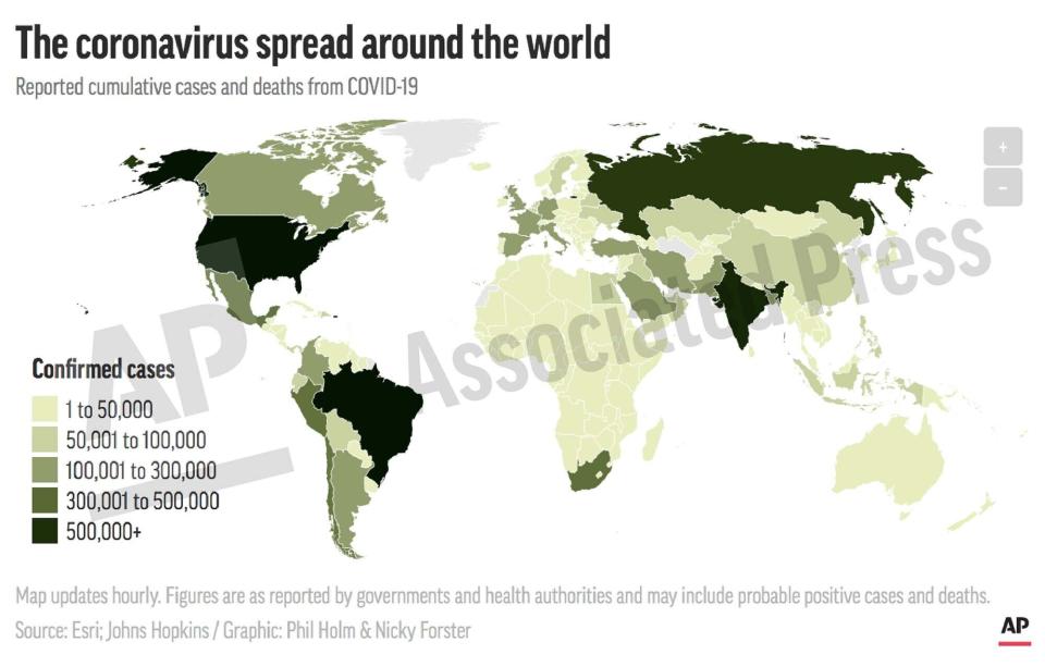 This preview image of an AP digital embed shows cumulative coronavirus cases and deaths by country on an interactive map. (AP Digital Embed)