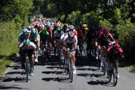 The pack rides during the tenth stage of the Tour de France cycling race over 217 kilometers (135 miles) with start in Saint-Flour and finish in Albi, France, Monday, July 15, 2019. (AP Photo/ Christophe Ena)