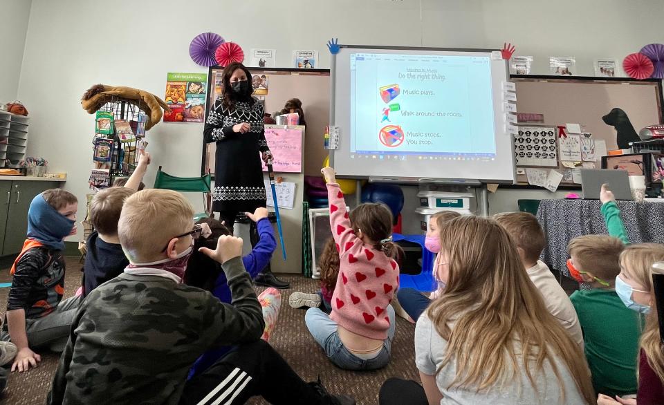 Brandy Abel, first grade teacher at Edgewood Primary School, gives her students instructions Monday before they start a group assignment. Several of Abel's students have had to quarantine multiple times this school year due to COVID-19 infections and close contacts.