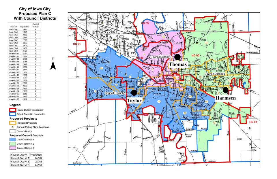 This map shows proposed Plan C for Iowa City's voting precincts and City Council districts. Districts A, B and C are highlighted and markers indicate where each City Councilor that represents a district lives in the city.