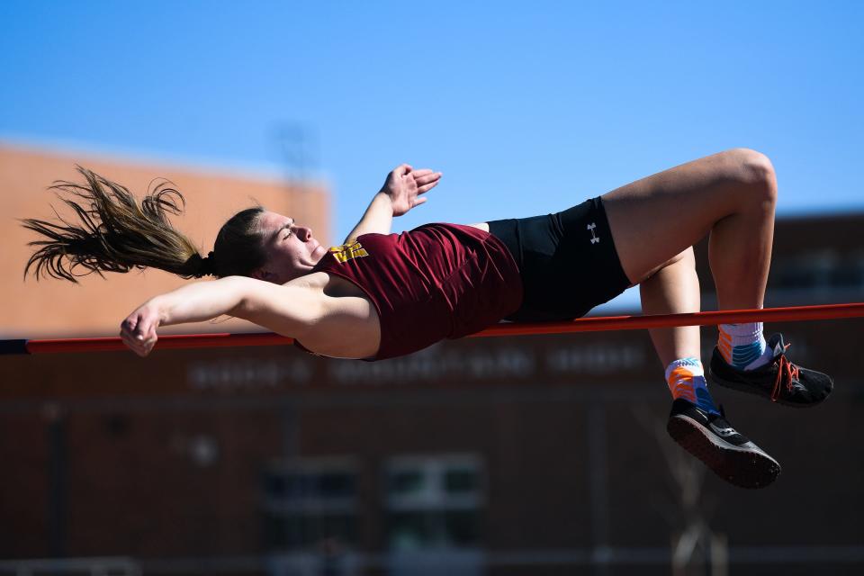 Rocky Mountain's Meela Delap  competes in the high jump at the Randy Yaussi City Championships at French Field on Tuesday, April 11, 2023, in Fort Collins, Colo.