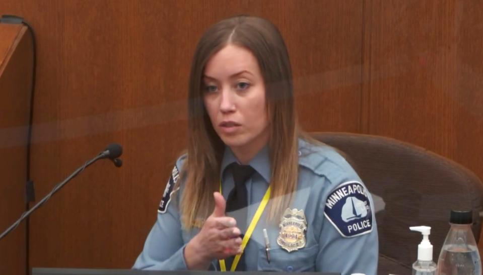 In this image from video, Minneapolis Police Officer Nicole Mackenzie testifies as Hennepin County Judge Peter A. Cahill presides on April 6, 2021, in the trial of former Minneapolis police Officer Derek Chauvin at the Hennepin County Courthouse in Minneapolis.