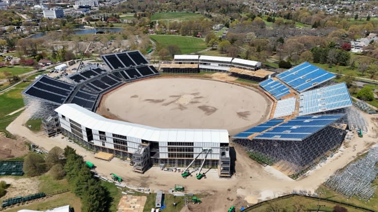 Construction continued on the Nassau County International Cricket Stadium on April 22, 2024. The site will be the host to the T20 World Cup in June of this year (BRUCE BENNETT)