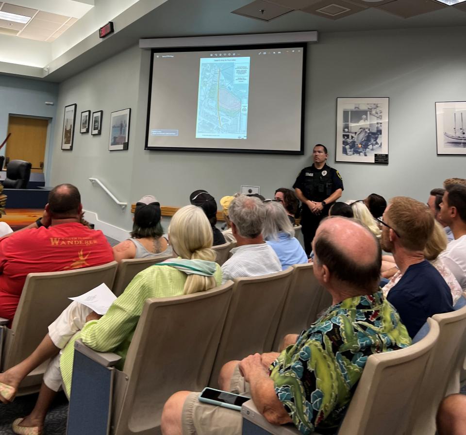 Police officers were present at a packed town hall on Tuesday, July 25, 2023, as the Jupiter town council voted to allow a developer to dig at the historic Suni Sands site along the Loxahatchee River near the Jupiter Inlet.