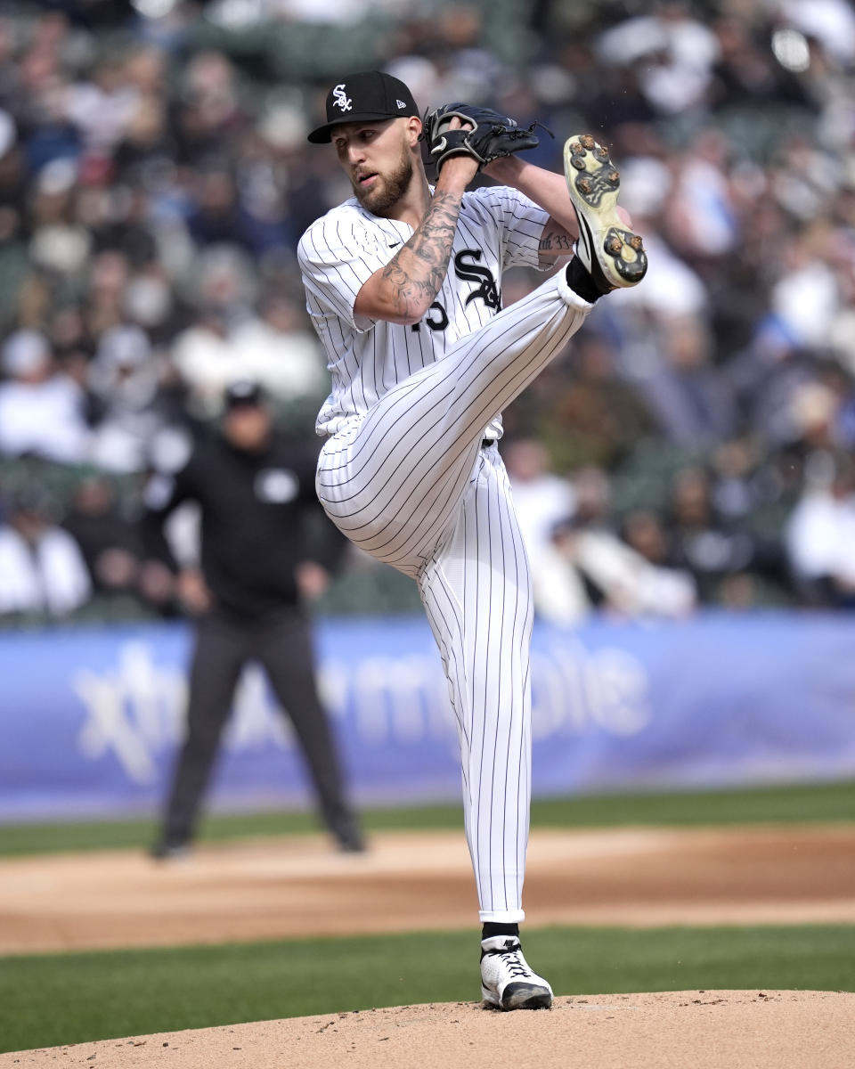 Chicago White Sox starting pitcher Garrett Crochet winds up during the first inning of the White Sox's home opener baseball game against the Detroit Tigers Thursday, March 28, 2024, in Chicago. (AP Photo/Charles Rex Arbogast)