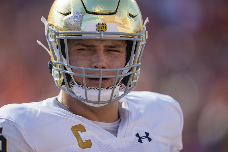 Notre Dame offensive lineman Joe Alt looks on before an NCAA college football game against Clemson, Saturday, Nov. 4, 2023, in Clemson, S.C. (AP Photo/Jacob Kupferman)