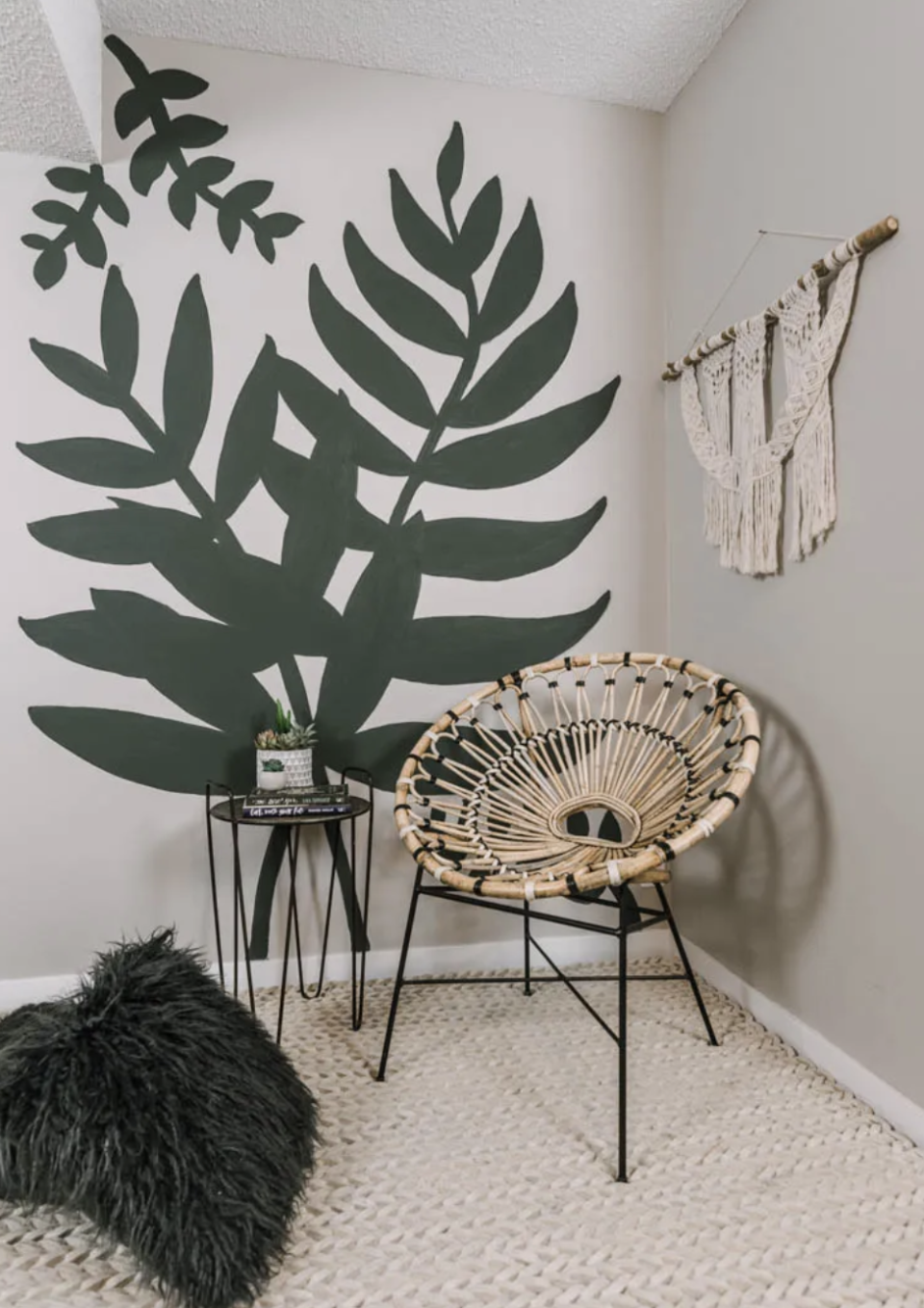 tropical plant wall mural in corner