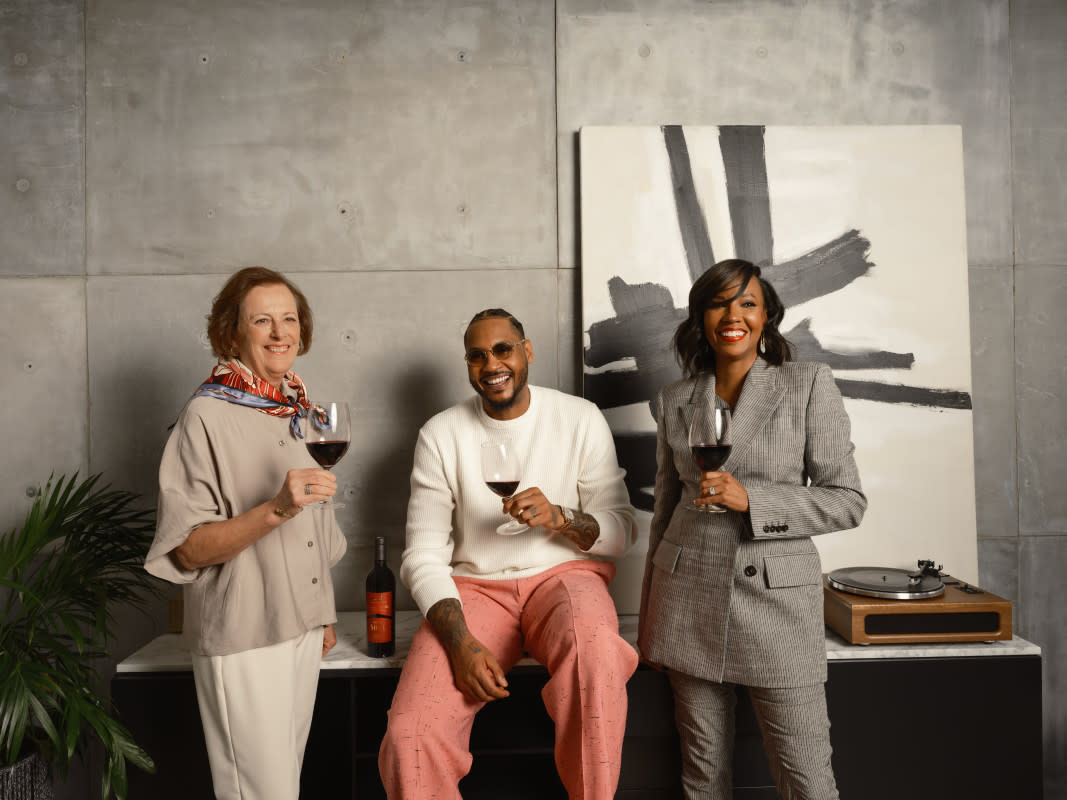 Geneviève Janssens, Carmelo Anthony, and Asani Swann announce the collaboration between VII(N) The Seventh Estate & Robert Mondavi Winery<p>Photo by Martin Blanco, courtesy of VII(N) The Seventh Estate and Robert Mondavi Winery</p>