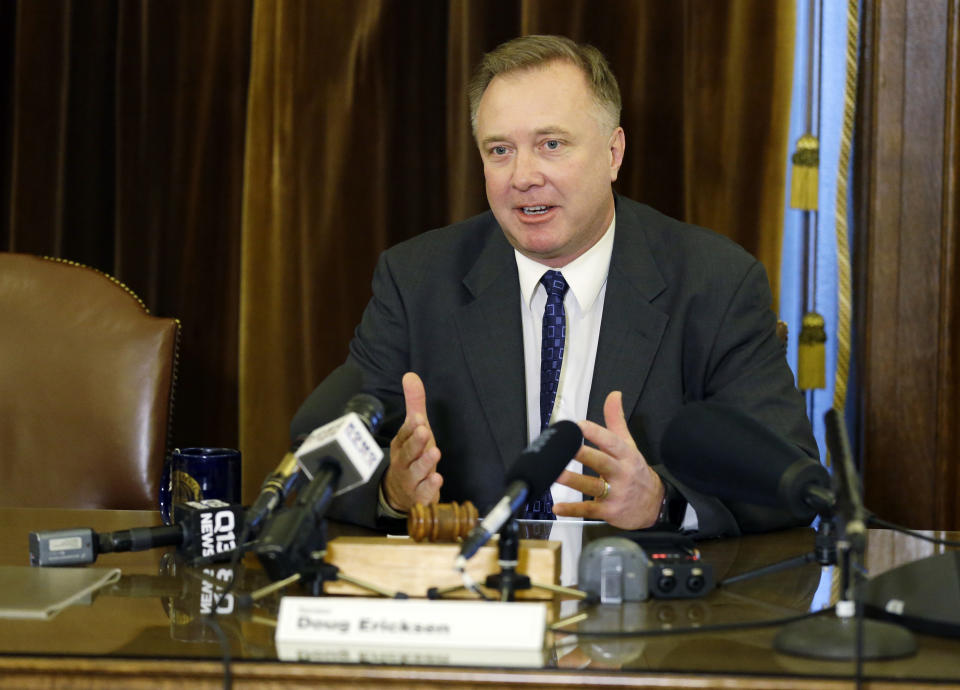 FILE - Washington Sen. Doug Ericksen, R-Ferndale, talks to reporters on Feb. 2, 2017 at the Capitol in Olympia, Wash. Ericksen died Friday, Dec. 17, 2021, after saying in November that he tested positive for COVID-19, although his cause of death was not immediately confirmed on Saturday. He was 52. (AP Photo/Ted S. Warren, File)