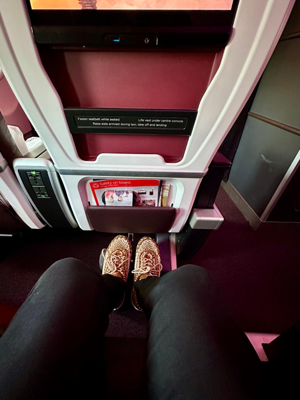 Calf rest in Premium Class on Virgin Atlantic airplane, Dan Koday, " I was one of the first people to see Virgin Atlantic's newest aircraft that will fly between NYC and London."