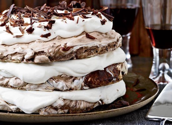 This cake will make a memorable end to your holiday dinner party. Bake the chocolate-hazelnut meringue layers a day ahead of your party (since they'll need a long bake time). Assemble them with whipped cream the night before and freeze to ensure the cake keeps its shape. Bring it to room temperature before serving.    <strong>Get the <a href="http://www.huffingtonpost.com/2011/10/27/hazelnut-and-chocolate-me_n_1059523.html" target="_hplink">Hazelnut-and-Chocolate Meringue Cake</a> recipe</strong>