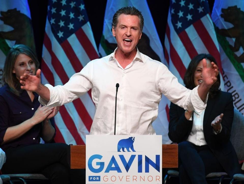 Gavin Newsom speaks at a campaign rally in 2018.