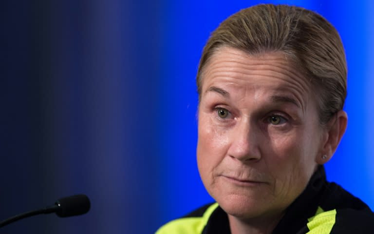US national team coach Jill Ellis speaks at a press conference in Vancouver on July 3, 2015, two days before the 2015 FIFA Women's World Cup final against Japan