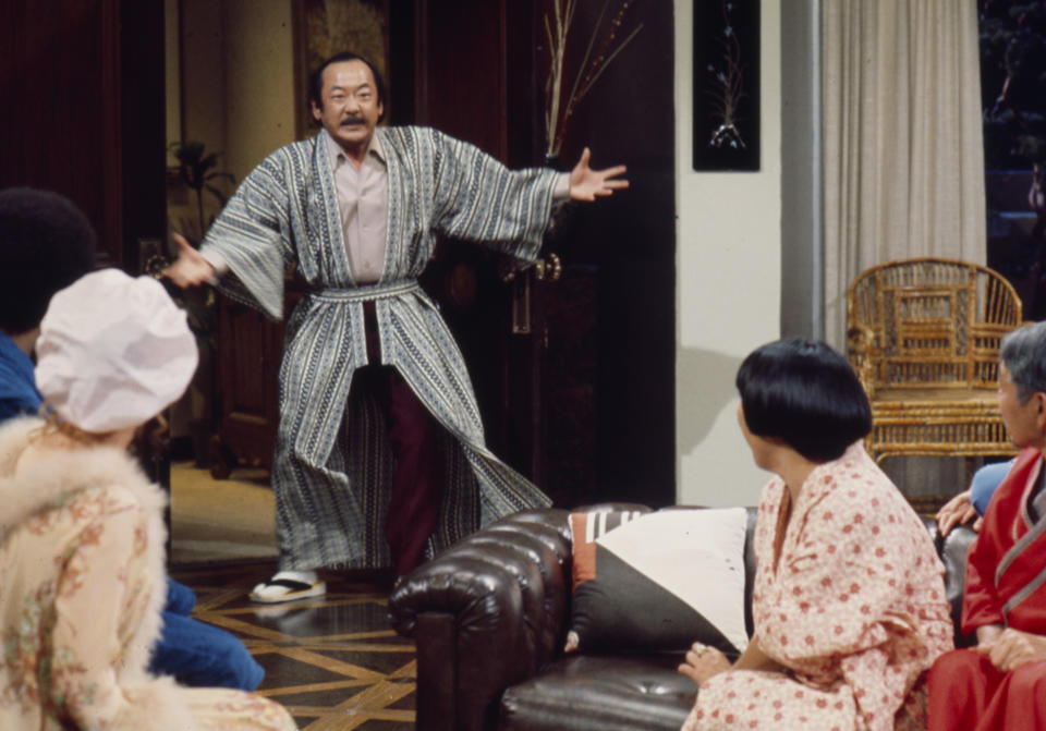 Unspecified - 1976: Pat Morita wearing traditional Japanese kimono appearing in the ABC tv series 'Mr T and Tina'. (Photo by Walt Disney Television via Getty Images)