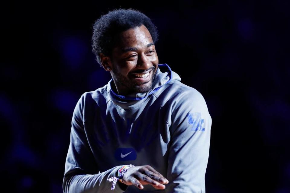 Former Kentucky star John Wall, who was the No. 1 pick in the 2010 NBA draft, was honored during a timeout at the 2023 ACC/SEC Challenge game against Miami in Rupp Arena on Nov. 28, 2023.