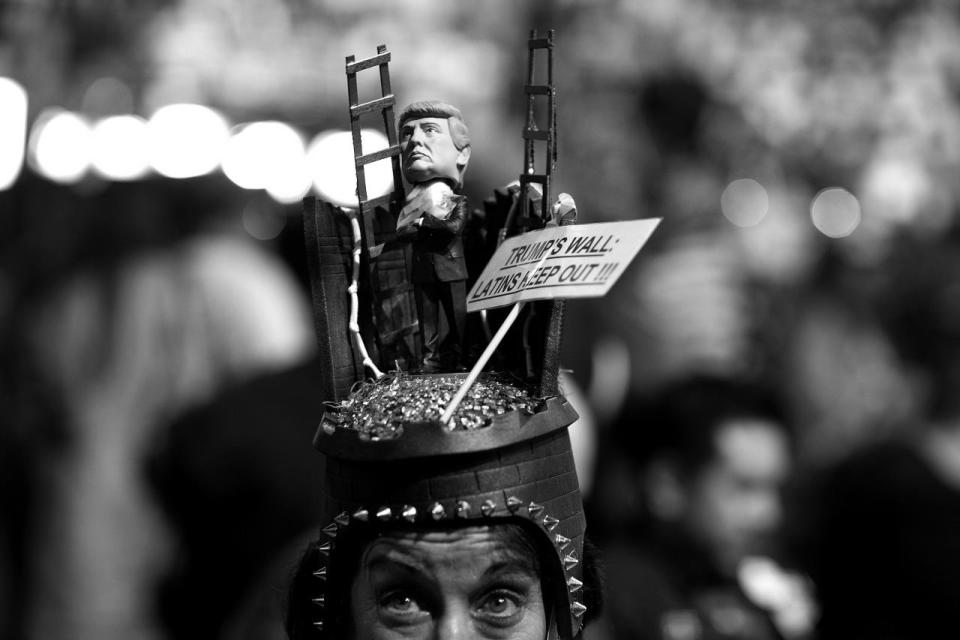 <p>Jamie Friend, Florida delegate, wears an Trump wall hat Tuesday, July 26, 2016, in Philadelphia, PA. (Photo: Khue Bui for Yahoo News)</p>