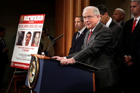 U.S. Attorney General Jeff Sessions speaks at a news conference with other law enforcement officials to announce enforcement efforts against Cartel Jalisco Nueva Generacion (CJNG) at the Justice Department in Washington, U.S., October 16, 2018. REUTERS/Yuri Gripas