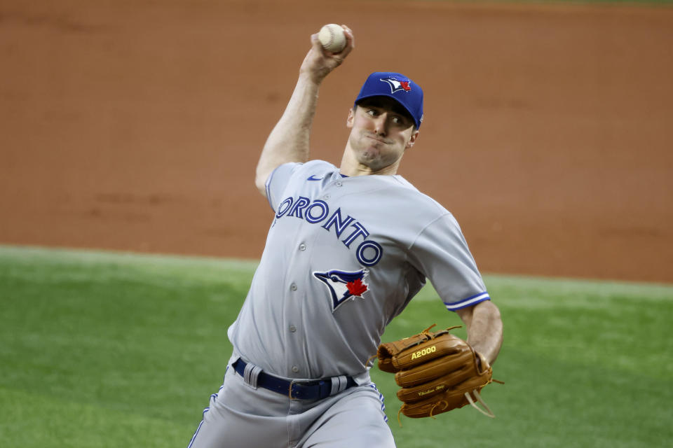 Toronto Blue Jays starting pitcher Ross Stripling throws against the Texas Rangers during the first inning of a baseball game Friday, Sept. 9, 2022, in Arlington, Texas. (AP Photo/Michael Ainsworth)