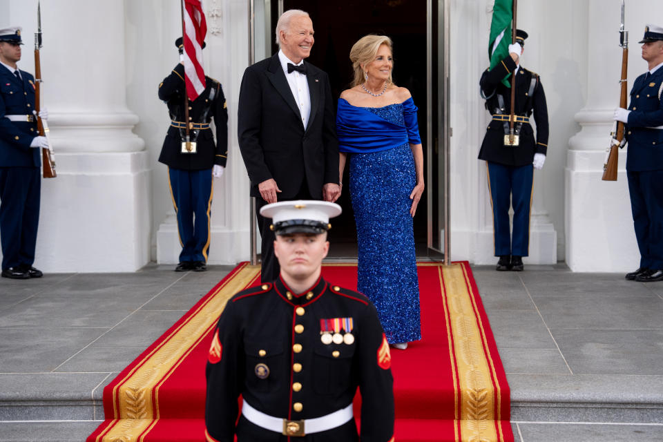 WASHINGTON, DC - MAY 23: U.S. President Joe Biden and first lady Jill Biden wait to greet Kenyan President William Ruto and his wife Rachel Ruto as they arrive for a State Dinner at the White House on May 23, 2024 in Washington, DC. Biden is hosting President Ruto and his wife Rachel Ruto for a state visit, which included a bilateral meeting, a joint press conference and state dinner. Ruto's visit is the first official state visit to the White House by a leader from an African country since 2008. (Photo by Andrew Harnik/Getty Images)