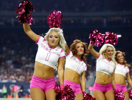 Oct 8, 2015; Houston, TX, USA; Houston Texans cheerleader performs during a time-out from the game against the Indianapolis Colts at NRG Stadium. Matthew Emmons-USA TODAY Sports