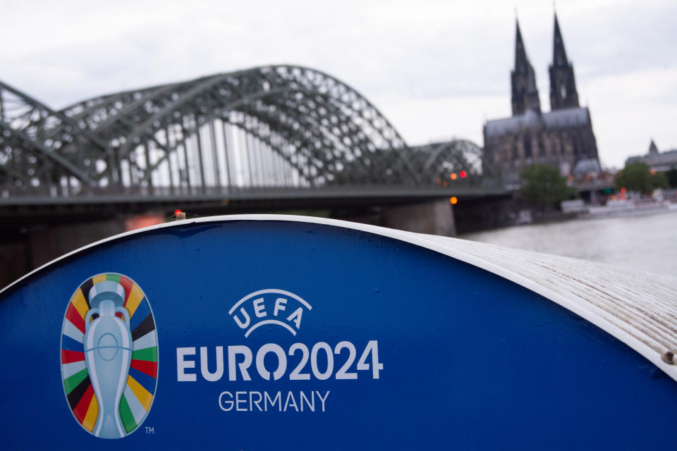 The UEFA Euro logo is being seen against the backdrop of the Dom Cathedral in Cologne, Germany, on June 13, 2024, a day before the opening of UEFA Euro 2024. (Photo by Ying Tang/NurPhoto via Getty Images)