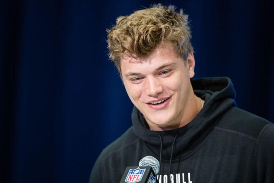 J.J. McCarthy of the Michigan Wolverines speaks to the media during the 2024 NFL Draft Combine at Lucas Oil Stadium on March 01, 2024 in Indianapolis, Indiana. / Credit: Michael Hickey / Getty Images