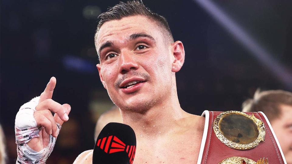 Tim Tszyu (pictured) speaking to the media after his fight.