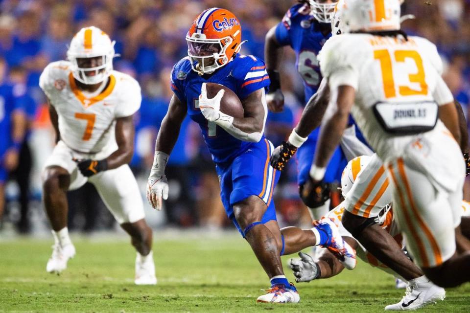 Florida running back Trevor Etienne (7) carried the football 23 times for 172 yards in the Gators’ 29-16 upset of then-No. 11 Tennessee.