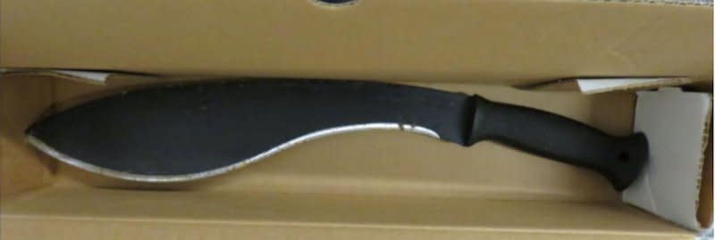 The kukri knife Trevor Bickford used in his 2022 New Year's Eve attack on three NYPD officers at a Times Square checkpoint. One of the officers shot Bickford in the shoulder, ending the attack. Photo courtesy of U.S. Department of Justice