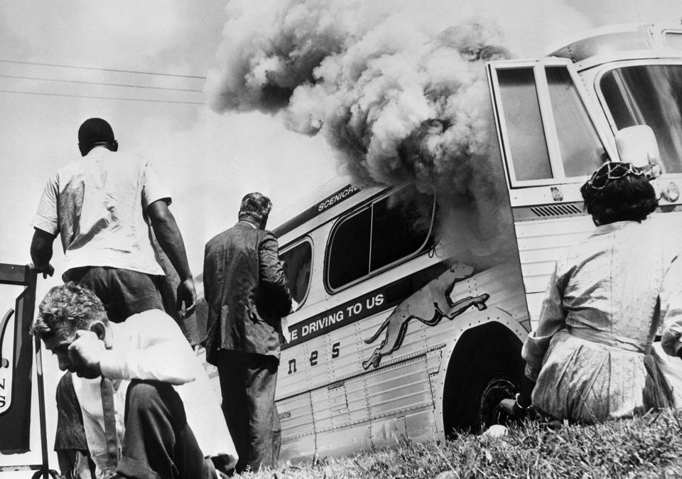 Freedom Riders Near Burning Bus