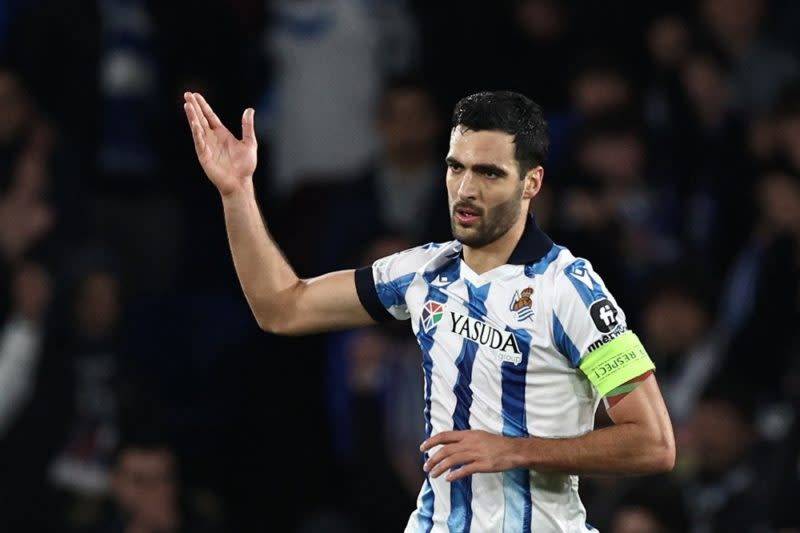 Real Sociedad's Mikel Merino celebrates scoring a goal during the UEFA Champions League last 16 second leg football match between Real Sociedad and Paris Saint-Germain (PSG) at the Anoeta stadium in San Sebastian on March 5, 2024. (Photo by FRANCK FIFE/AFP via Getty Images)