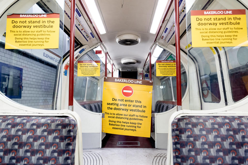 Social distancing notes are seen inside a Bacerloo line train in London Tube as cases of Covid-19 continue to rise in fear a second wave of pandemic will take over the city and  London will face a new lockdown In London, England, on September 29, 2020.. (Photo by Dominika Zarzycka/NurPhoto via Getty Images)