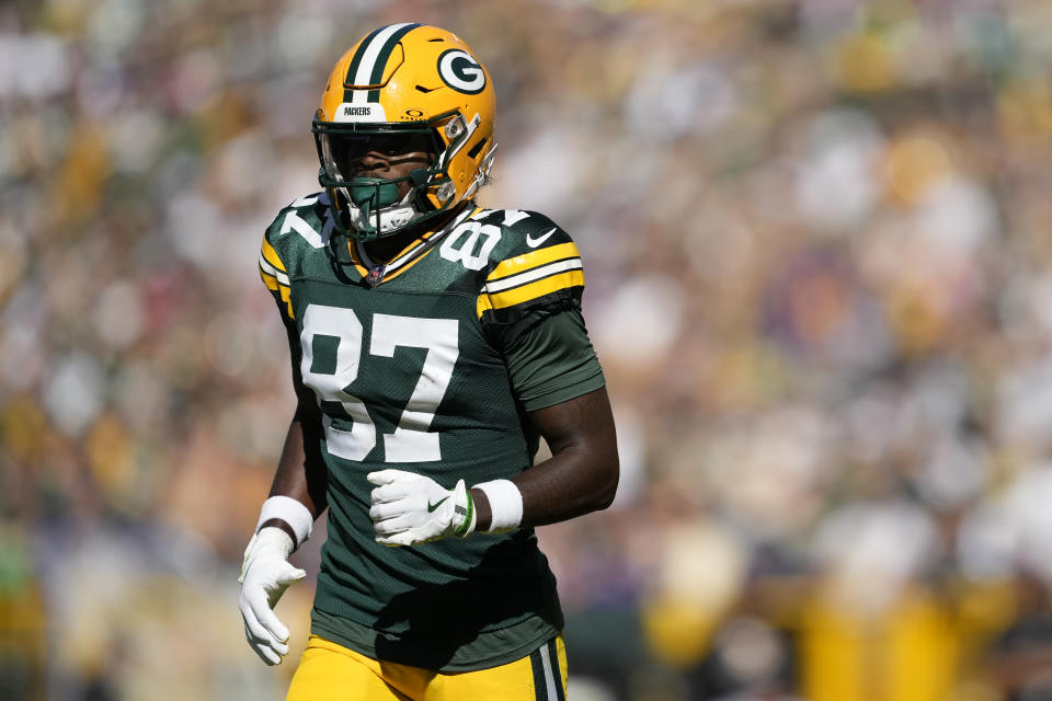 GREEN BAY, WISCONSIN - SEPTEMBER 29: Romeo Doubs #87 of the Green Bay Packers in action against the Minnesota Vikings in the second half at Lambeau Field on September 29, 2024 in Green Bay, Wisconsin. (Photo by Patrick McDermott/Getty Images)