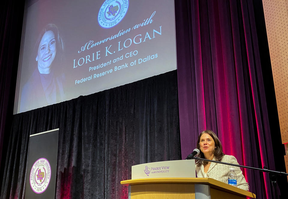 Dallas Federal Reserve Bank President Lorie Logan speaks at Prairie View A&M University in Prairie View, Texas, U.S., February 14, 2023. REUTERS/Ann Saphir