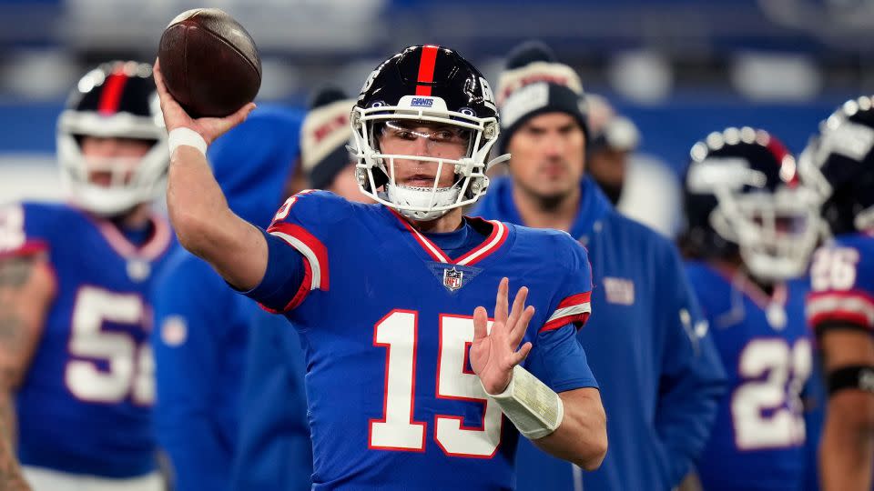 New York Giants quarterback Tommy DeVito warms up before playing against the Green Bay Packers on Monday. - Seth Wenig/AP