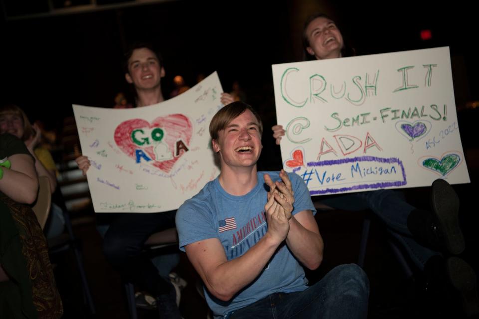 Junior Bryce Anthony cheers for NBC American Song Contest contestant Ada LeAnn during a watch party at Lakeview High School in Battle Creek, Michigan on Monday, April 25, 2022.