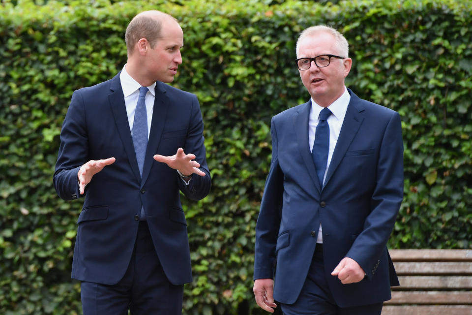 STOURBRIDGE, ENGLAND - SEPTEMBER 18:  Prince William, Duke of Cambridge speaks with Ian Austin MP before unveiling a new sculpture of Major Frank Foley by artist Andy de Comyn on September 18, 2018 in Stourbridge, United Kingdom. Major Foley was a British Intelligence Officer for the Embassy in Berlin where he bent the rules to allow thousands of Jewish families escape Nazi Germany. (Photo by Anthony Devlin/Getty Images)