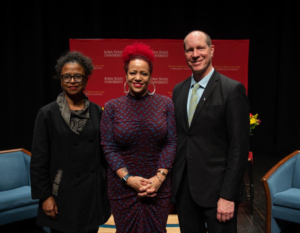 Rachelle Chase, Nikole Hannah-Jones and Leo Landis at Manatt-Phelps Lecture Series on November 2, 2022.