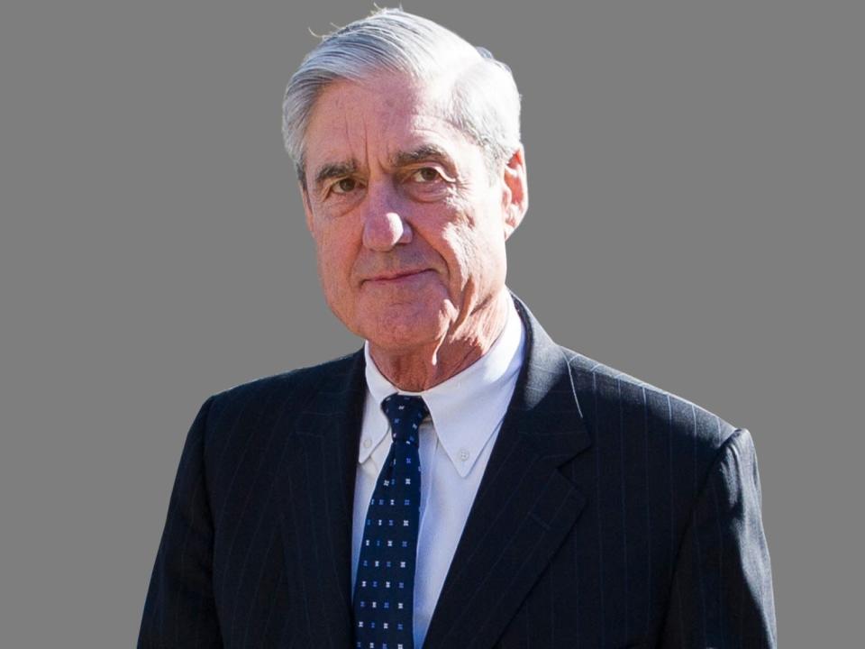 Robert Mueller headshot, Special Counsel, graphic element on gray